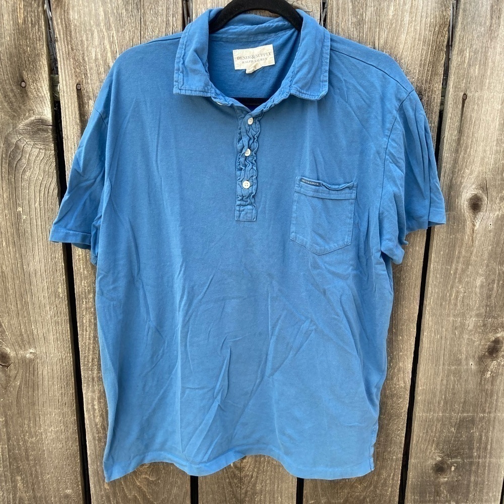Men's Denim & Supply Ralph Lauren Blue Solid Pocket Polo XL Cotton Stretch Light
